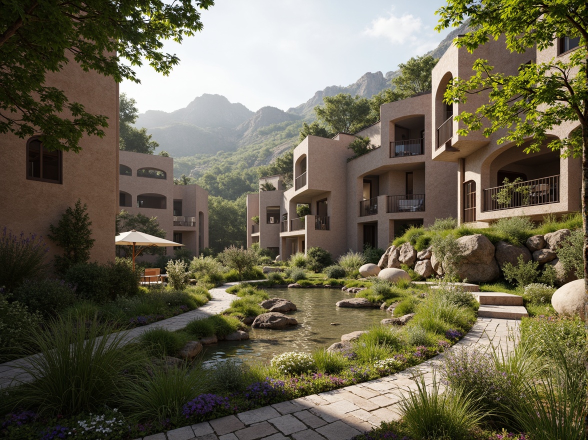 Prompt: Seamless landscape integration, organic shapes, natural materials, earthy tones, curved lines, rustic textures, blending boundaries, merging architecture, lush greenery, native plants, wildflowers, meandering pathways, stone walkways, wooden bridges, serene atmosphere, warm sunlight, soft shadows, 1/2 composition, atmospheric perspective, realistic rendering, ambient occlusion.