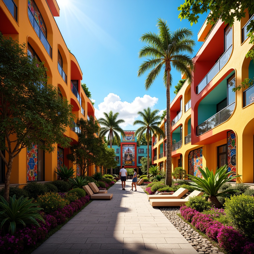 Prompt: Vibrant colored buildings, tropical island setting, lush greenery, exotic flowers, bright sunny day, warm atmospheric lighting, shallow depth of field, 3/4 composition, panoramic view, realistic textures, ambient occlusion, modern architecture, curved lines, bold geometric shapes, colorful mosaic tiles, stained glass windows, neon-lit signage, eclectic furniture designs, playful patterns, dynamic urban landscape.