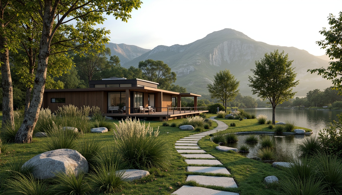 Prompt: Harmonious landscape integration, blending modern architecture with natural surroundings, lush greenery, meandering pathways, serene water features, native plant species, organic curves, minimalist design, sustainable materials, large windows, seamless transitions, warm ambient lighting, shallow depth of field, 3/4 composition, panoramic view, realistic textures, ambient occlusion, mountainous backdrop, misty atmosphere, soft gentle breeze.