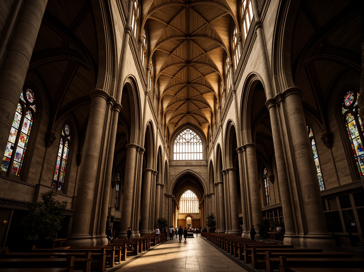 Prompt: Elegant Gothic cathedral, soaring vertical lines, ribbed vaults, pointed arches, flying buttresses, intricate stone carvings, stained glass windows, grandiose entrance, ornate facades, towering spires, mystical ambiance, warm golden lighting, high contrast ratio, dramatic shadows, narrow depth of field, 1/2 composition, symmetrical framing, detailed textures, ambient occlusion.