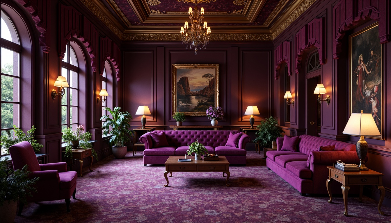 Prompt: Rich plum accents, luxurious velvet textures, ornate gold details, sophisticated Victorian-era architecture, opulent jewel-toned furnishings, lavish drapery, regal purple undertones, warm candlelight ambiance, intimate cozy spaces, elegant classic compositions, refined sophisticated color schemes, dramatic bold contrasts.