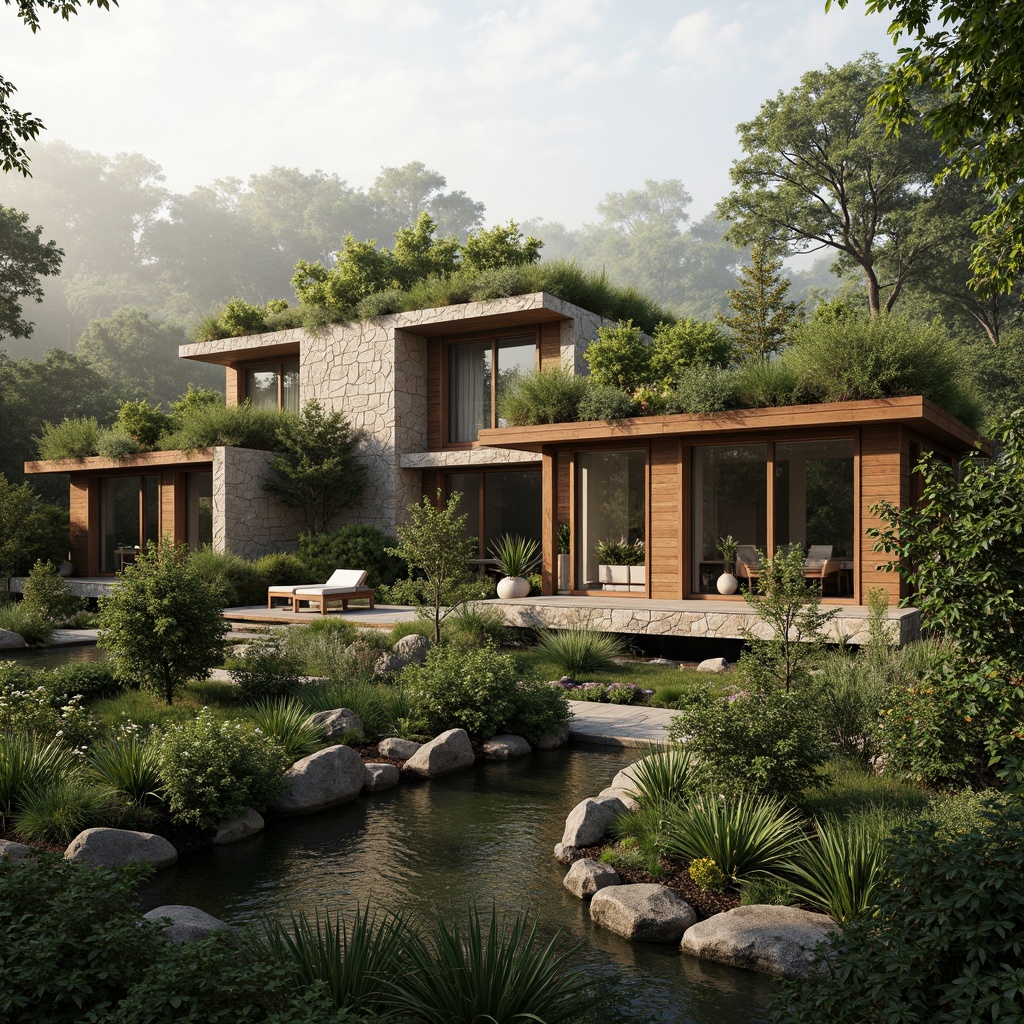 Prompt: Eco-friendly residence, lush green roofs, living walls, natural stone facades, reclaimed wood accents, organic gardens, serene water features, misty morning atmosphere, soft warm lighting, 1/1 composition, intimate view, realistic foliage textures, ambient occlusion, Earth-toned color palette, sustainable building materials, minimal carbon footprint, seamless indoor-outdoor transitions.