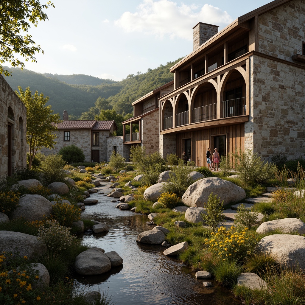 Prompt: Rustic rural landscape, rolling hills, meandering streams, native wildflowers, weathered stone walls, earthy tones, natural materials, wooden accents, pitched roofs, chimney details, cozy porches, ornate metalwork, distressed finishes, warm soft lighting, shallow depth of field, 1/2 composition, intimate atmosphere, realistic textures, ambient occlusion.