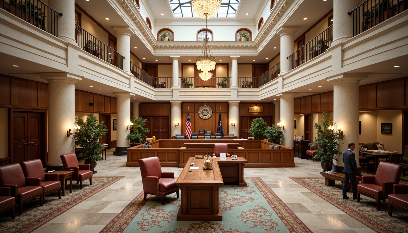 Prompt: Grand courthouse interior, high ceilings, elegant chandeliers, polished marble floors, wooden accents, ornate furnishings, stately columns, spacious atriums, natural light pouring in, comfortable seating areas, quiet contemplation zones, advanced security systems, efficient circulation paths, clear signage, accessible courtrooms, modern acoustic designs, sound-absorbing materials, professional lighting schemes, subtle color palette, sophisticated architectural details, 1/1 composition, shallow depth of field, soft warm lighting.