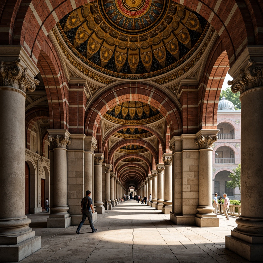 Prompt: Intricate arches, ornate carvings, majestic domes, richly decorated capitals, vibrant mosaic patterns, golden accents, grand entranceways, imposing columns, ornamental vaults, intricate stonework, rustic brick textures, warm ambient lighting, dramatic shadows, 3/4 composition, shallow depth of field, realistic stone details, ancient Byzantine style.