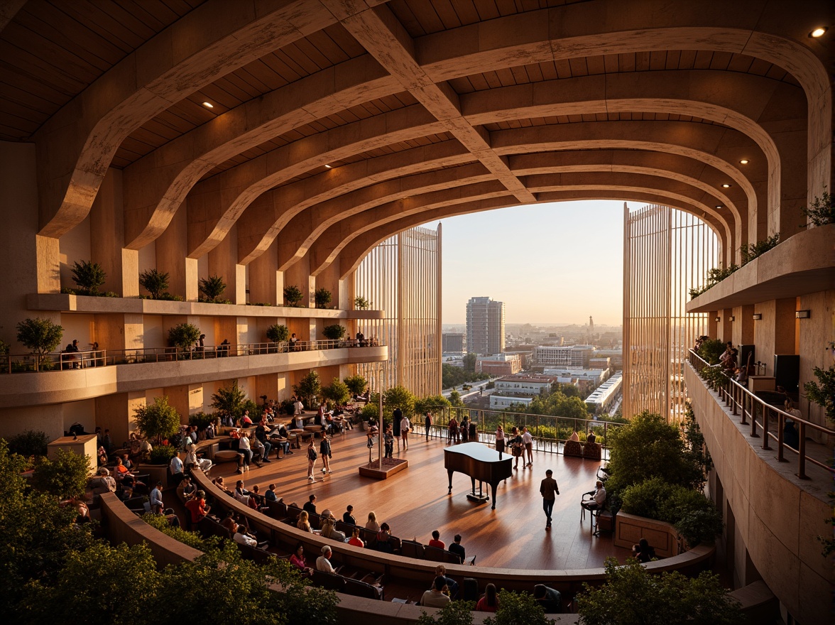 Prompt: Ethereal concert hall, undulating curves, fluid lines, natural materials, reclaimed wood accents, earthy tones, ambient lighting, soft shadows, intimate seating areas, grand performance stage, ornate musical instruments, luxurious velvet drapes, polished metal fixtures, intricate soundwave patterns, abstract geometric shapes, futuristic architecture, panoramic cityscape views, warm golden hour lighting, shallow depth of field, 1/2 composition, cinematic atmosphere.