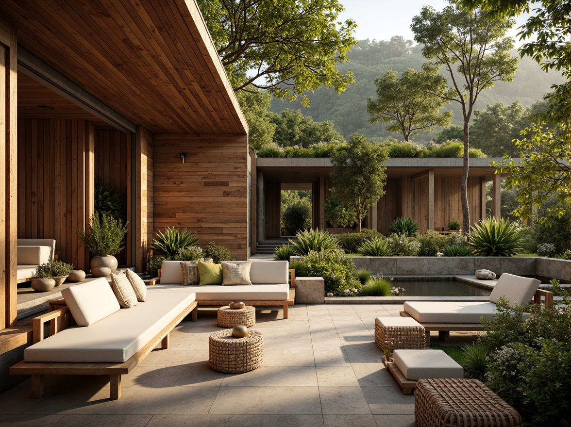 Prompt: Earthy tones, reclaimed wood accents, bamboo flooring, woven rattan furniture, organic shapes, natural stone walls, living green roofs, lush vegetation, eco-friendly materials, sustainable architecture, modern minimalism, warm ambient lighting, soft shadows, shallow depth of field, 2/3 composition, realistic textures, atmospheric perspective.