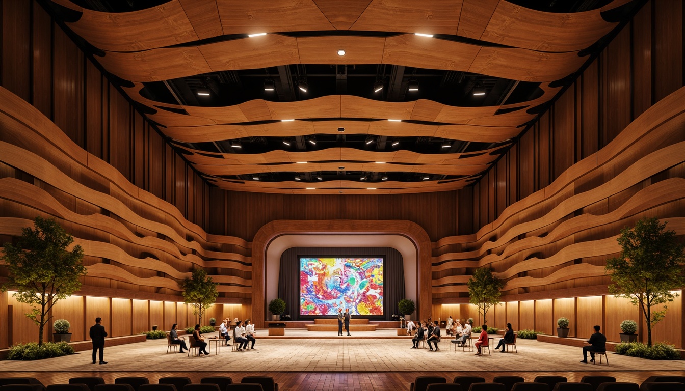 Prompt: Curved concert hall, undulating wooden panels, rich brown acoustics, soft warm lighting, intimate stage settings, natural stone flooring, earthy tone walls, organic shapes, fluid lines, dynamic architecture, futuristic design elements, sleek metal accents, vibrant colorful textiles, intricate geometric patterns, abstract art installations, ambient occlusion, shallow depth of field, 3/4 composition, panoramic view, realistic textures.