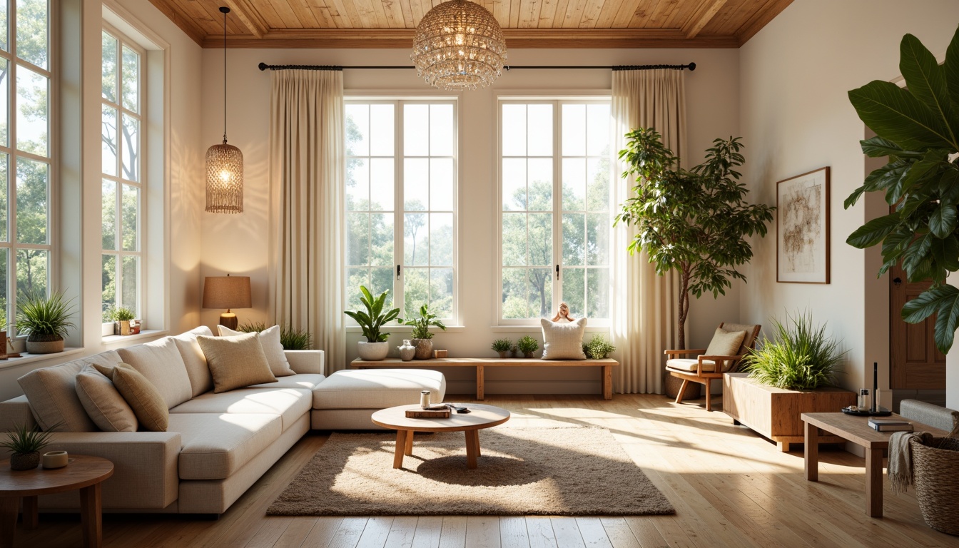 Prompt: Cozy living room, plush sofas, warm wooden flooring, soft cream-colored walls, elegant chandeliers, floor-to-ceiling windows, natural light pouring in, comfortable reading nooks, vibrant greenery, stylish rugs, modern minimalist decor, calming color palette, warm beige tones, textured throw blankets, inviting atmosphere, relaxed seating areas, creative lighting fixtures, subtle aromas, peaceful ambiance, 1/2 composition, soft focus, atmospheric lighting.