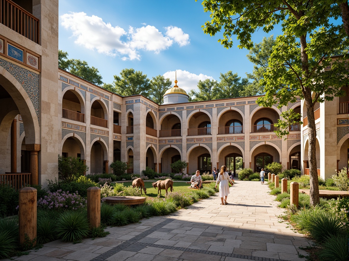 Prompt: Intricate zoo enclosures, Byzantine-inspired arches, vibrant mosaic patterns, golden domes, ornate stone carvings, lush greenery, exotic animal habitats, rustic wooden fences, winding walkways, sunny day, warm soft lighting, shallow depth of field, 3/4 composition, panoramic view, realistic textures, ambient occlusion.