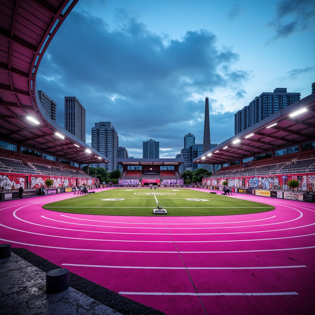 Prompt: Vibrant fuchsia-colored athletic tracks, urban sports fields, sleek modern stadium architecture, bold geometric patterns, bright artificial turf, dynamic floodlights, cloudy blue sky, dramatic cityscape backdrop, high-contrast shading, cinematic depth of field, 1/2 composition, vivid neon accents, metallic goalposts, weathered concrete surfaces, abstract graffiti textures, energetic atmosphere, fast-paced action, shallow focus blur.