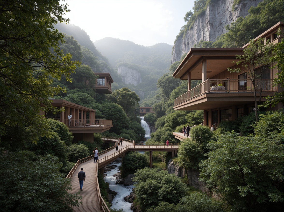 Prompt: Mountainous terrain, lush vegetation, serene waterfalls, rustic wooden bridges, meandering stone pathways, harmonious building integration, organic architectural forms, earthy tones, natural materials, cantilevered structures, panoramic views, misty atmosphere, soft diffused lighting, 1/2 composition, warm color palette, realistic textures, ambient occlusion.