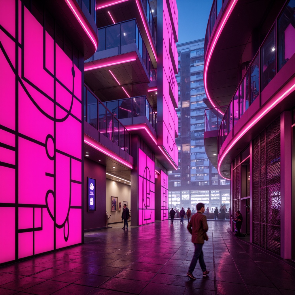 Prompt: Vibrant magenta walls, neon pink accents, bold graphic patterns, futuristic architecture, sleek metal surfaces, glowing LED lights, urban cityscape, nighttime atmosphere, dramatic shadows, high-contrast lighting, cinematic mood, avant-garde design, abstract art installations, geometric shapes, dynamic compositions, 3D visual effects, surrealistic scenes, fantastical environments.