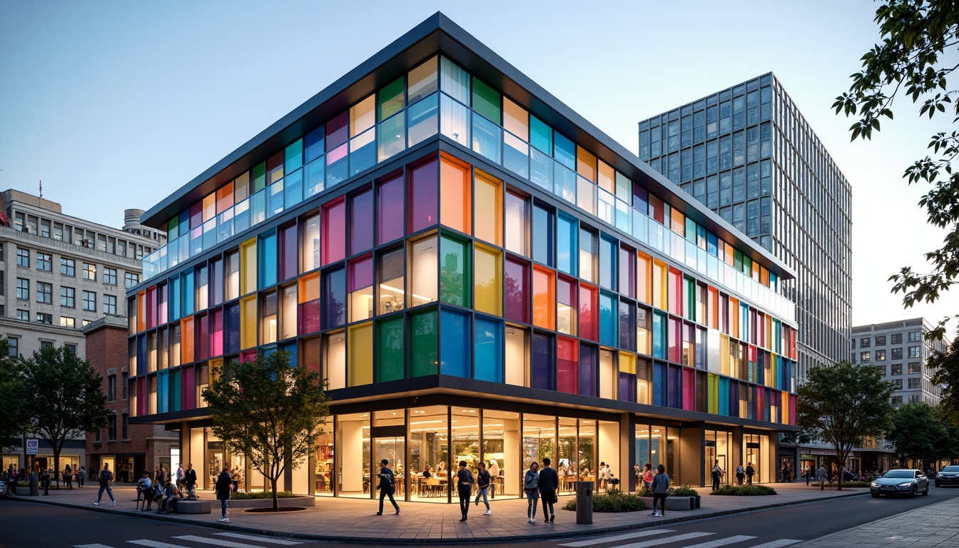 Prompt: Vibrant high school building, expressive facade, bold colorful murals, irregular geometric patterns, abstract shapes, dynamic angular lines, futuristic LED lighting, translucent glass walls, cantilevered rooflines, asymmetrical composition, dramatic shadows, warm afternoon sunlight, shallow depth of field, 1/2 composition, realistic textures, ambient occlusion, urban cityscape background, bustling streets, diverse student population.