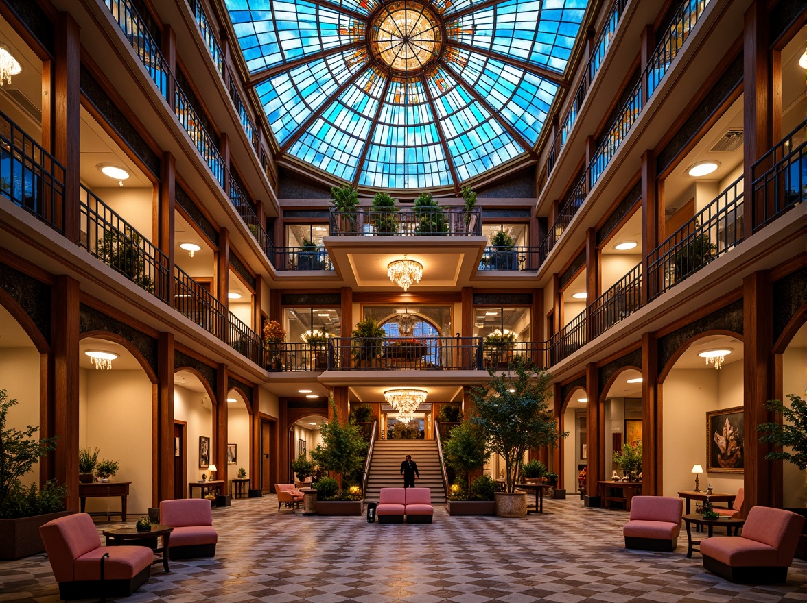 Prompt: Vibrant hotel lobby, stained glass ceiling, colorful patterns, ornate details, luxurious chandeliers, grand staircases, opulent furnishings, rich textures, warm ambient lighting, soft focus, shallow depth of field, 2/3 composition, symmetrical framing, elegant color palette, sophisticated atmosphere, refined materials, intricate craftsmanship, bespoke designs, lavish decor, upscale amenities, boutique hotel vibe.