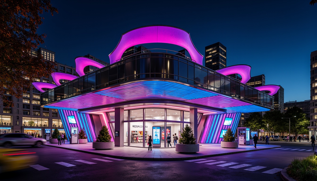 Prompt: Vibrant gas station, futuristic facade, neon lights, metallic materials, curved lines, angular shapes, bold color schemes, LED displays, modern fuel pumps, sleek canopies, dynamic architecture, urban landscape, busy streets, cityscape views, dramatic nighttime lighting, high-contrast shadows, 3/4 composition, wide-angle lens, realistic reflections, ambient occlusion.