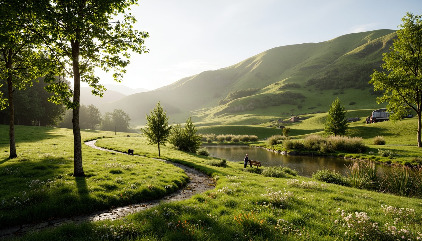 Prompt: Serene grassland, rolling hills, lush greenery, wildflowers, meandering pathways, natural stone benches, rustic wooden fences, tranquil water features, misty morning dew, warm sunlight, soft shadows, 1/1 composition, shallow depth of field, realistic textures, ambient occlusion.