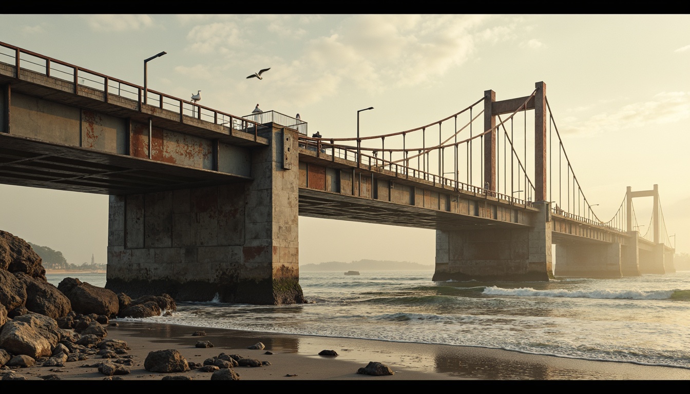 Prompt: Weathered steel bridge, rusty metallic texture, ocean spray, sea salt corrosion, driftwood accents, rough concrete piers, wave-crashed stone foundations, suspension cables, nautical rope railings, foggy misty atmosphere, warm golden lighting, shallow depth of field, 1/1 composition, realistic render, ambient occlusion, sandy beach shoreline, rocky coastline, seagulls flying overhead.