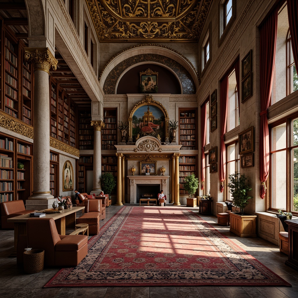 Prompt: Grandiose library interior, ornate Byzantine architecture, intricately carved stone columns, gilded accents, vaulted ceilings, stunning mosaics, richly patterned rugs, luxurious velvet drapes, imposing wooden shelves, leather-bound tomes, golden lanterns, soft warm lighting, subtle shadows, 1/1 composition, realistic textures, ambient occlusion.