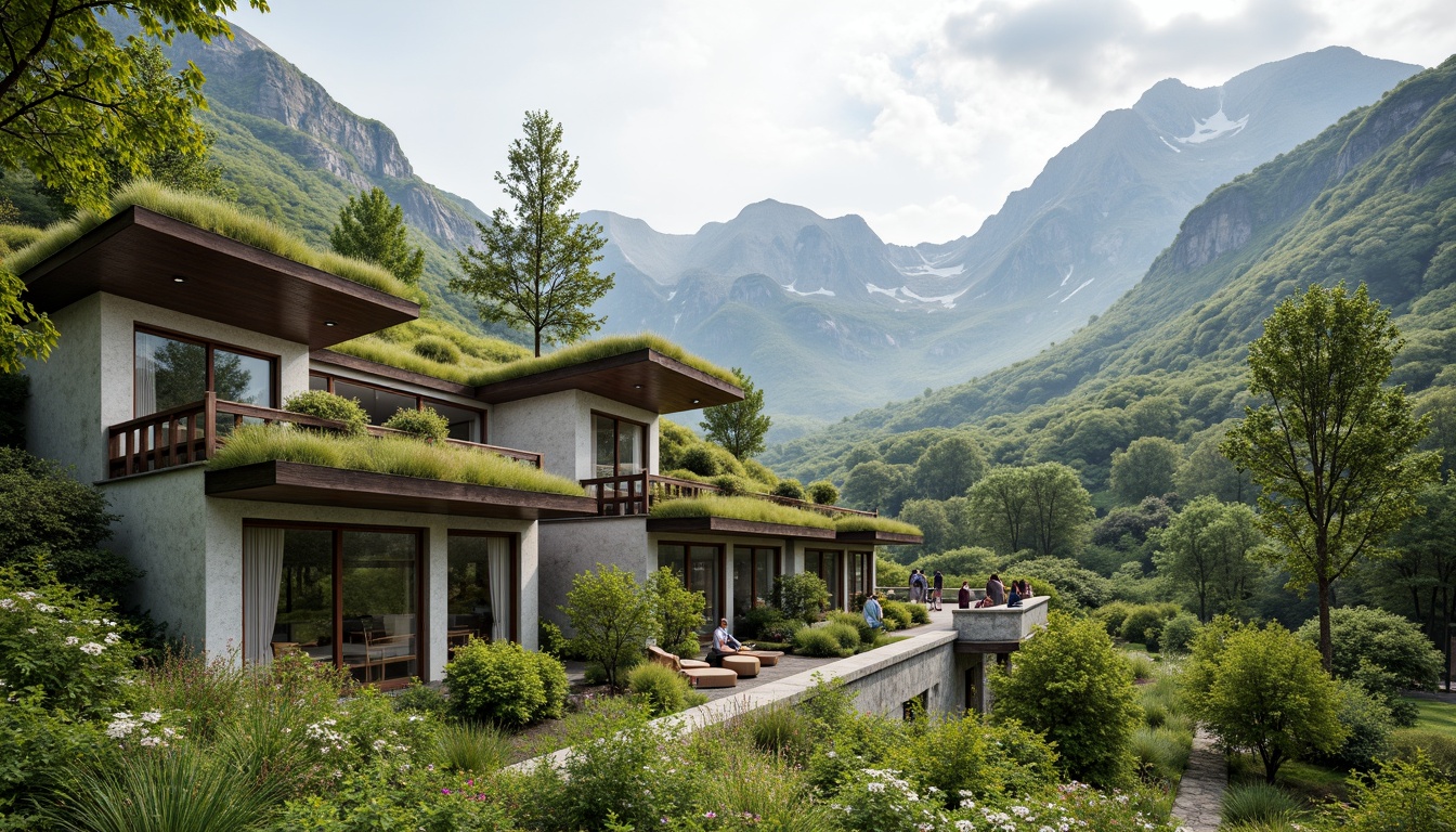 Prompt: Mountainous backdrop, lush green roofs, verdant walls, natural stone fa\u00e7ades, cantilevered overhangs, outdoor recreational spaces, scenic viewing decks, organic architecture, earthy color palette, seamless transitions, indoor-outdoor connections, floor-to-ceiling windows, sliding glass doors, natural ventilation systems, energy-efficient design, sustainable building materials, rustic wooden accents, wildflower meadows, misty mornings, warm soft lighting, shallow depth of field, 2/3 composition, panoramic views, realistic textures, ambient occlusion.