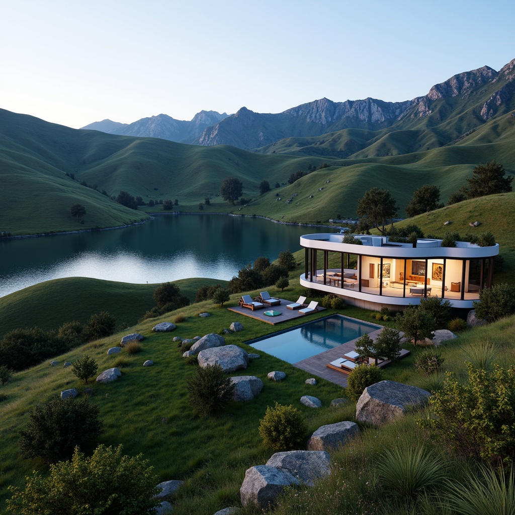 Prompt: Rolling hills, lush green meadows, serene lakeside, majestic mountain ranges, contemporary architecture, curved lines, minimalist design, large glass windows, sliding doors, natural stone walls, wooden accents, cantilevered roofs, infinity pools, outdoor living spaces, ambient lighting, warm color palette, organic textures, shallow depth of field, 3/4 composition, panoramic view.