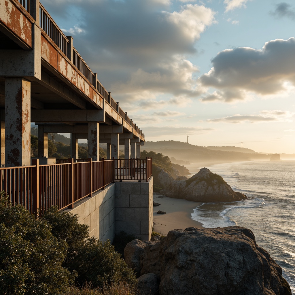 Prompt: Weathered steel beams, rusted metal railings, driftwood-inspired balustrades, rough-hewn stone piers, sea-salt-eroded concrete abutments, ocean-breeze-worn wooden decking, foggy morning mist, warm golden sunlight, dramatic cloudy skies, turbulent wave movements, seagull cries, distant lighthouse silhouettes, winding coastal roads, beachside vegetation, sandy dune landscapes, misty horizon lines, 1/2 composition, atmospheric perspective, soft natural lighting, realistic weathering effects.