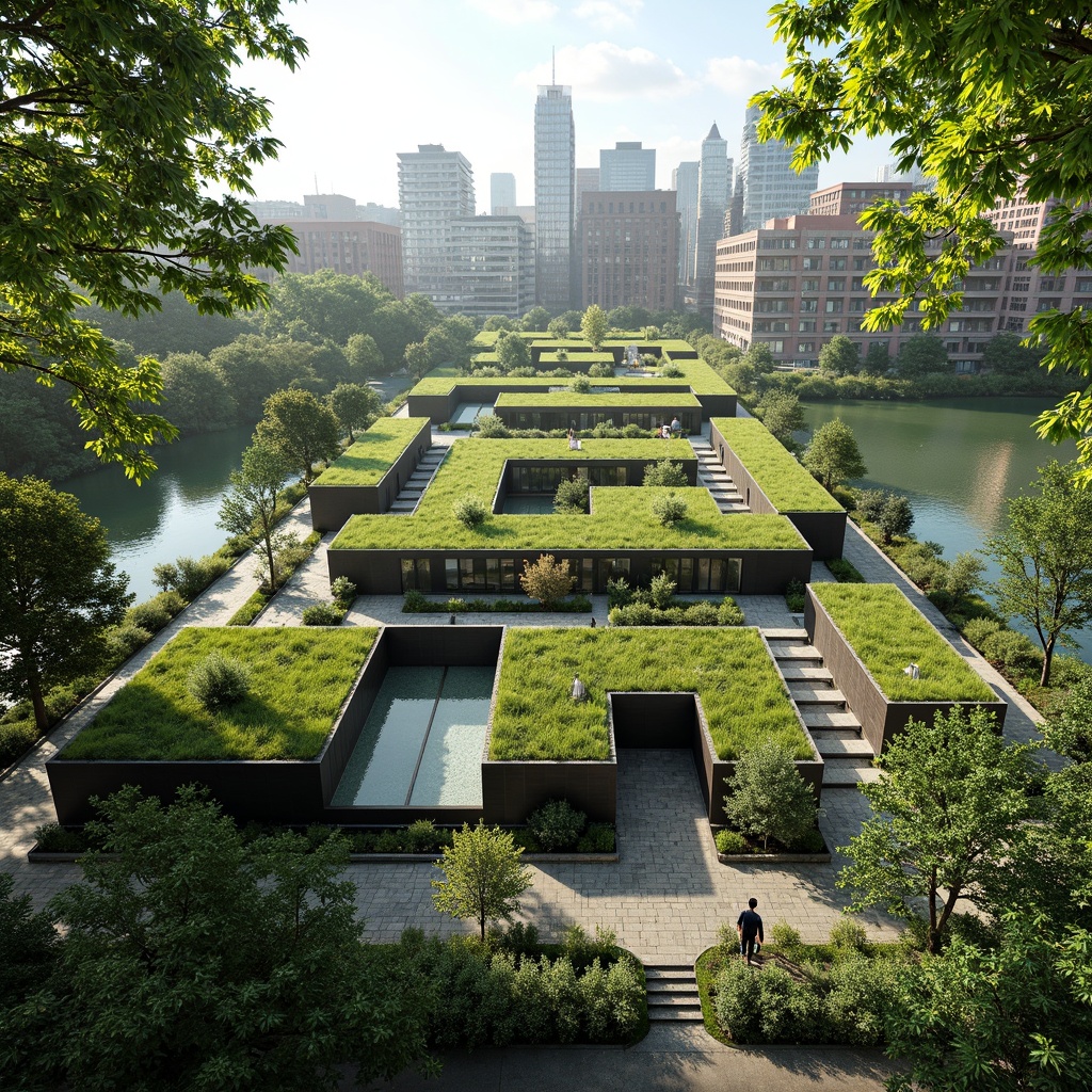 Prompt: Green roofs, lush vegetation, solar shading devices, overhanging eaves, clerestory windows, high ceilings, open floor plans, cross ventilation, stack effect, wind catchers, thermal mass, night cooling, passive design strategies, earth-sheltered buildings, natural convection, radiant cooling systems, evaporative cooling techniques, operable windows, sliding glass doors, insect screens, horizontal shading louvers, vertical green walls, living walls, urban heat island mitigation, climate-responsive architecture, energy-efficient building envelopes, sustainable building materials.