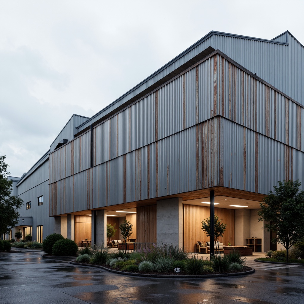 Prompt: Industrial factory building, corrugated metal walls, weathered rusty texture, metallic sheen, functional design, urban landscape, overcast sky, soft diffused lighting, shallow depth of field, 2/3 composition, realistic reflections, ambient occlusion.