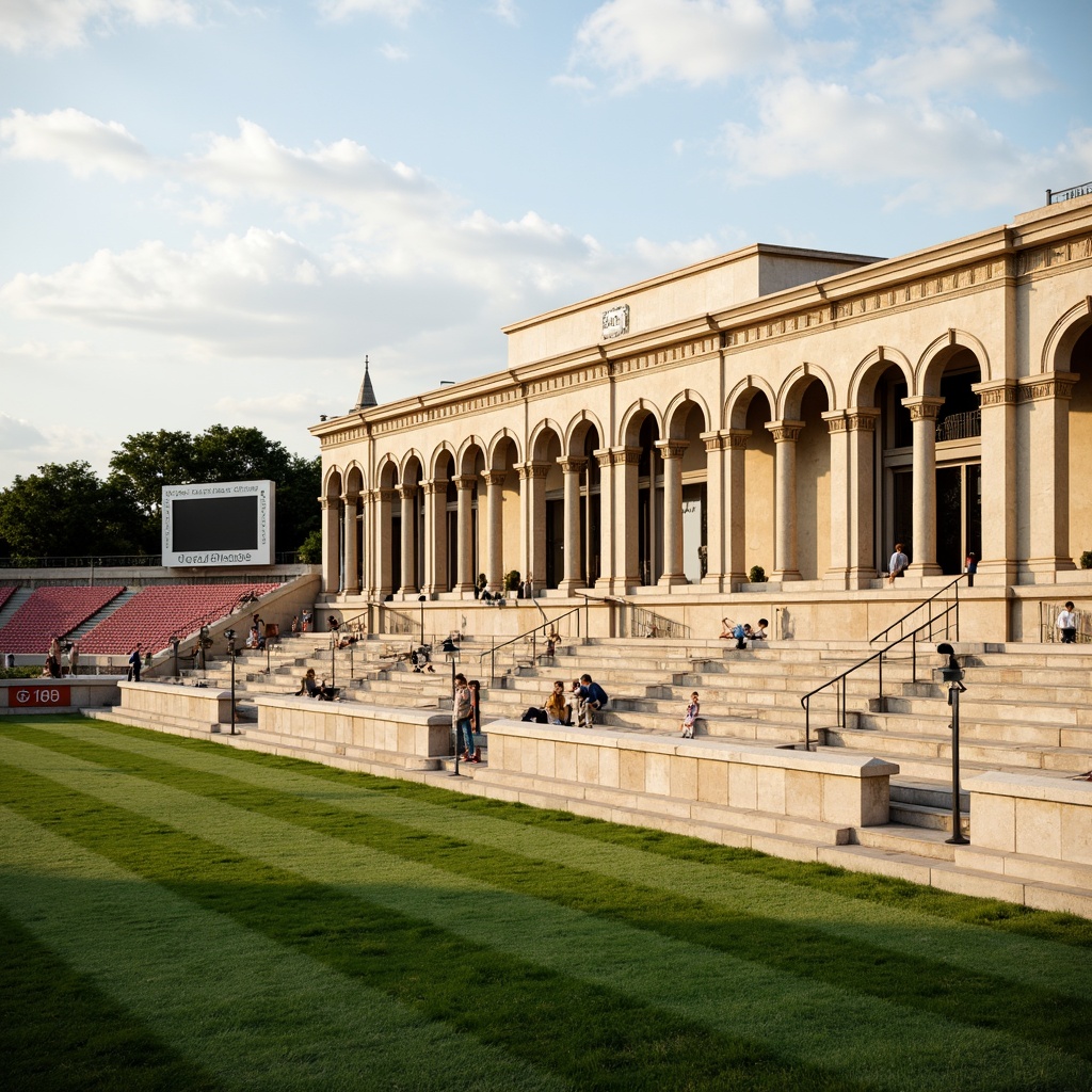 Prompt: Grandstand seating, ornate columns, architrave details, athletic tracks, lush green grass, vintage scoreboard, retro-style signage, classic lamp posts, imposing stone walls, rusticated base, symmetrical fa\u00e7ade, neoclassical architecture, creamy white marble, warm golden lighting, shallow depth of field, 2/3 composition, wide-angle lens, realistic textures, ambient occlusion.