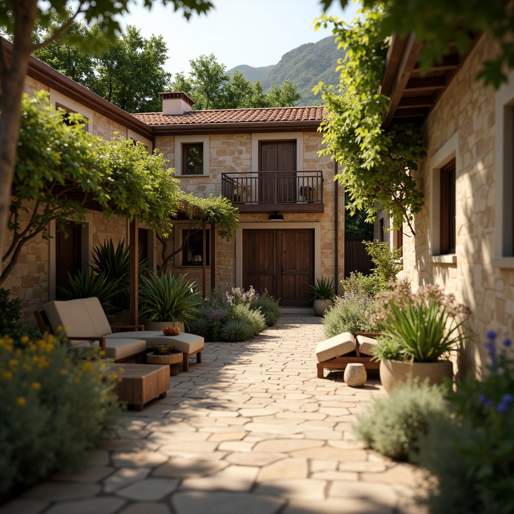 Prompt: Rustic village scene, earthy tones, natural textures, locally sourced materials, wooden accents, stone walls, terracotta roofs, lush greenery, vibrant wildflowers, warm sunlight, soft shadows, shallow depth of field, 2/3 composition, cinematic lighting, realistic weathering, ambient occlusion.