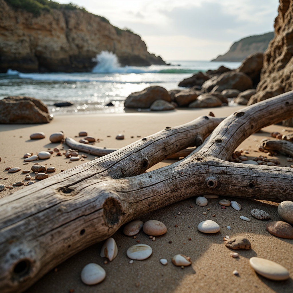 Prompt: Weathered driftwood, ocean-worn rocks, soft sandy beaches, rugged cliff faces, crashing waves, sea spray mist, salty air, beachy dunes, nautical ropes, distressed wood planks, rusted metal accents, sea-bleached pebbles, coral reef patterns, shells and pearls, sun-kissed skin, warm golden light, shallow depth of field, 2/3 composition, realistic textures, ambient occlusion.