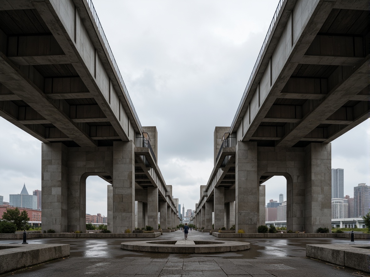 Prompt: Rugged brutalist architecture, raw concrete textures, industrial steel beams, minimalist ornamentation, monumental scale, dramatic cantilevered forms, geometric abstraction, functional simplicity, urban cityscape, cloudy grey sky, diffused natural light, high-contrast shadows, cinematic wide-angle shot, symmetrical composition, realistic material renderings, ambient occlusion.