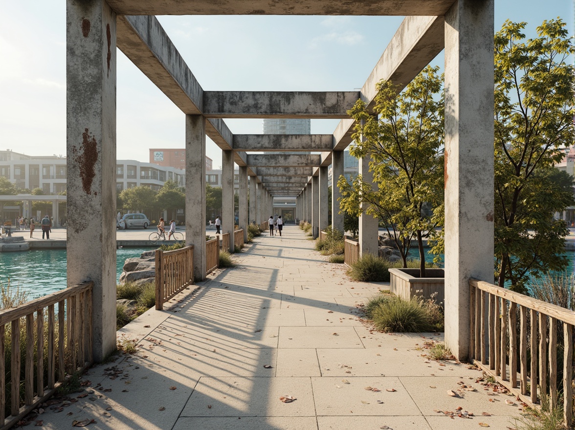 Prompt: Weathered steel bridges, rusted metallic surfaces, ocean-battered concrete pillars, driftwood-inspired railings, sandy beige walkways, seashell- patterned pavements, misty marine atmosphere, soft warm lighting, shallow depth of field, 1/1 composition, realistic water simulations, ambient occlusion, coastal vegetation, salt-tolerant plants, beachy dunes, calm turquoise waters, sailboat-filled harbors, seaside promenades, oceanfront buildings, nautical-themed signage.