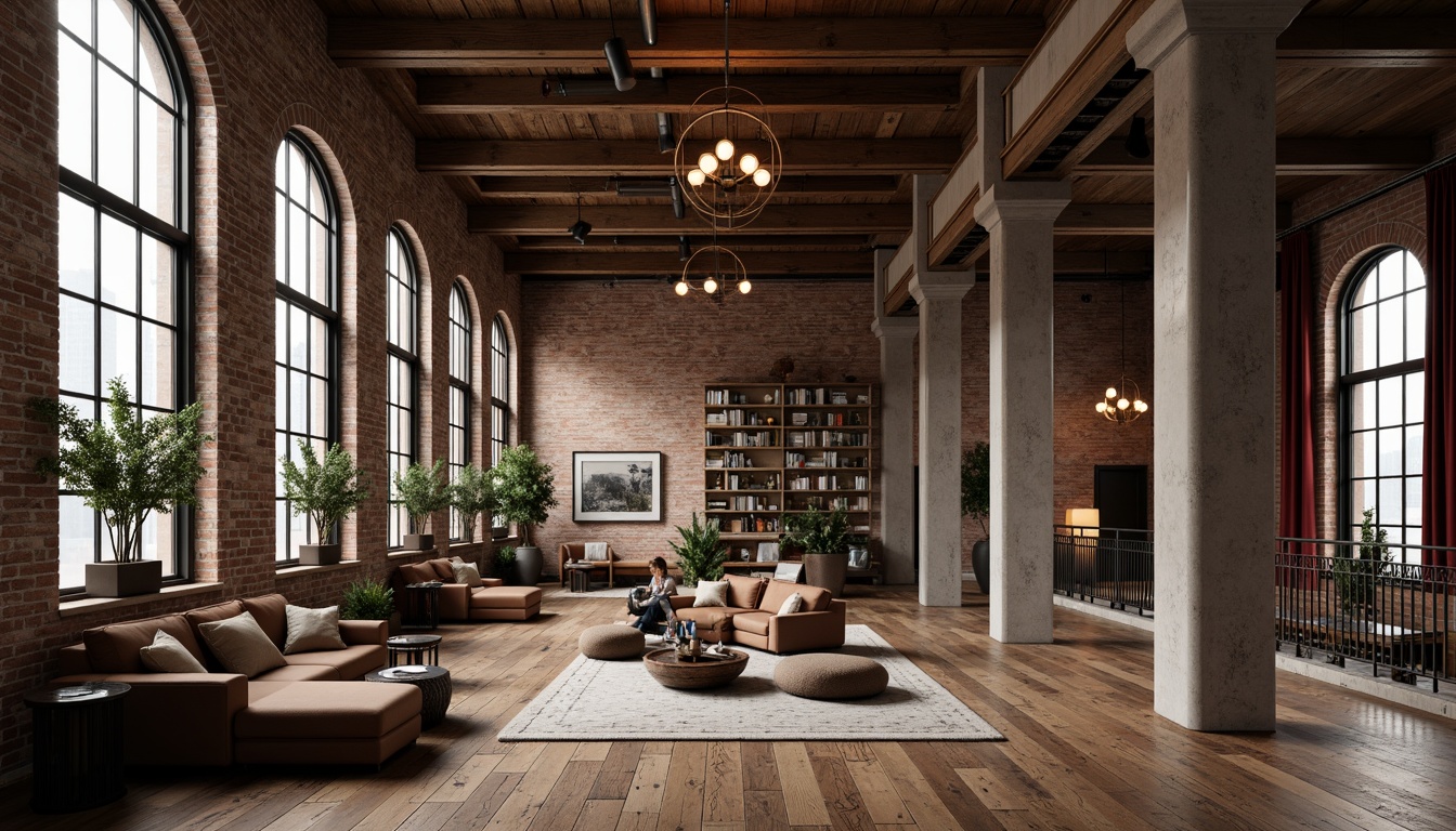 Prompt: Industrial chic loft interior, exposed brick walls, wooden beam ceilings, metal frame windows, reclaimed wood floors, minimalist decor, cozy reading nooks, plush sectional sofas, vintage industrial lighting fixtures, ornate ironwork railings, grand arched doorways, Romanesque-inspired stone columns, rich velvet drapes, warm ambient lighting, shallow depth of field, 1/1 composition, soft focus, realistic textures.