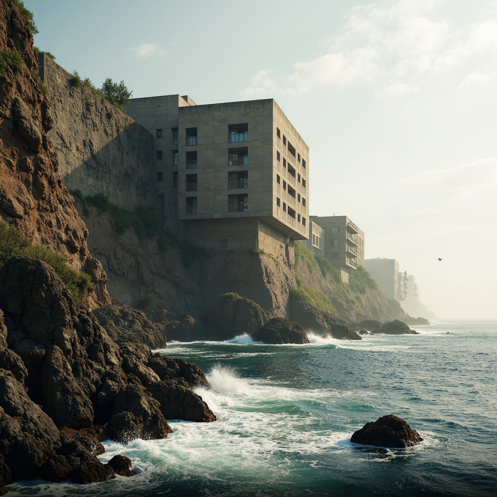 Prompt: Massive monolithic structures, rugged coastal cliffs, crashing ocean waves, salty sea air, weathered concrete textures, brutalist design elements, imposing fort-like architecture, dramatic cantilevered roofs, panoramic ocean views, misty morning atmosphere, soft golden lighting, low-angle shots, 1/2 composition, realistic rock formations, ambient ocean sounds, seagulls flying overhead.