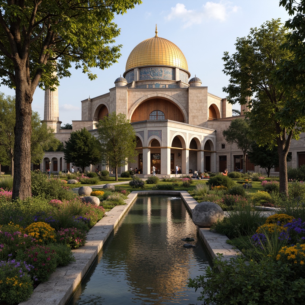 Prompt: Majestic Byzantine architecture, golden domes, ornate mosaics, lush greenery, vibrant flowers, ancient olive trees, meandering stone pathways, tranquil water features, rustic stone walls, weathered wooden accents, warm natural lighting, soft focus blur, shallow depth of field, 1/1 composition, intimate atmospheric perspective, highly detailed textures, ambient occlusion.