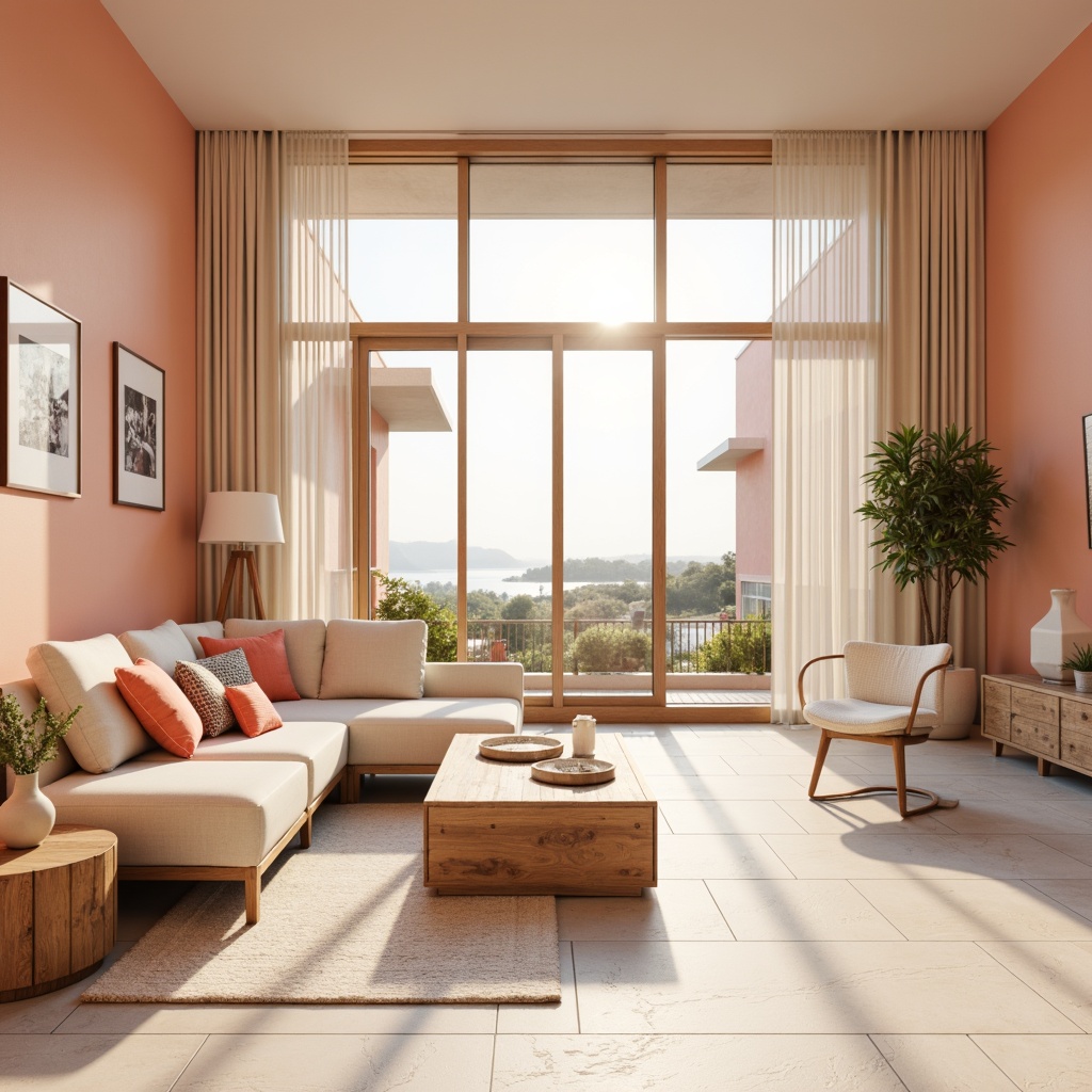 Prompt: Vibrant modern interior, sleek lines, minimalist decor, pastel color scheme, soft peach tones, creamy whites, rich wood accents, metallic silver hardware, natural textiles, ample sunlight, warm ambient glow, shallow depth of field, 3/4 composition, realistic rendering, subtle color gradients.