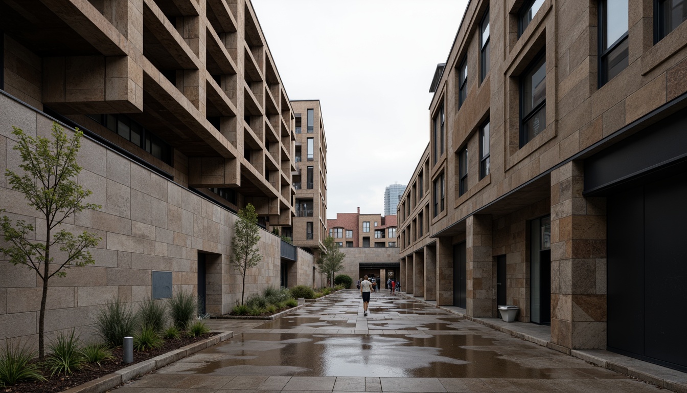 Prompt: Raw concrete textures, industrial steel beams, rugged stone walls, brutalist architecture, urban cityscape, overcast sky, muted color palette, earthy tones, weathered wood accents, bold geometric forms, chunky brutalist columns, minimalist ornamentation, cold harsh lighting, dramatic shadows, 3/4 composition, low-angle shot, realistic rough surfaces, ambient occlusion.