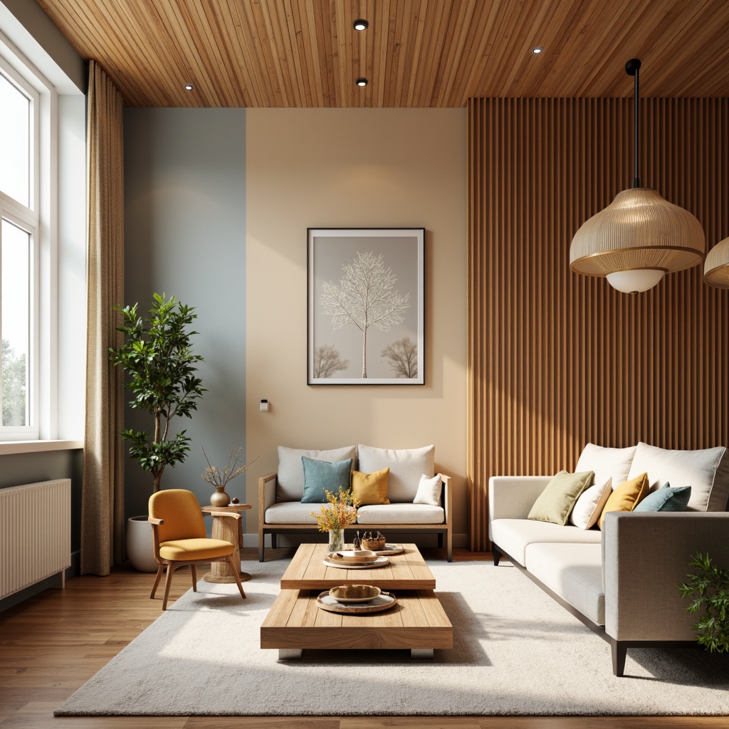 Prompt: Vibrant modern interior, sleek furniture, bold accent walls, rich wood textures, metallic decorations, pastel color scheme, soft warm lighting, cozy ambiance, Scandinavian-inspired design, minimalist aesthetic, natural material palette, earthy tones, calming atmosphere, 1/1 composition, shallow depth of field.