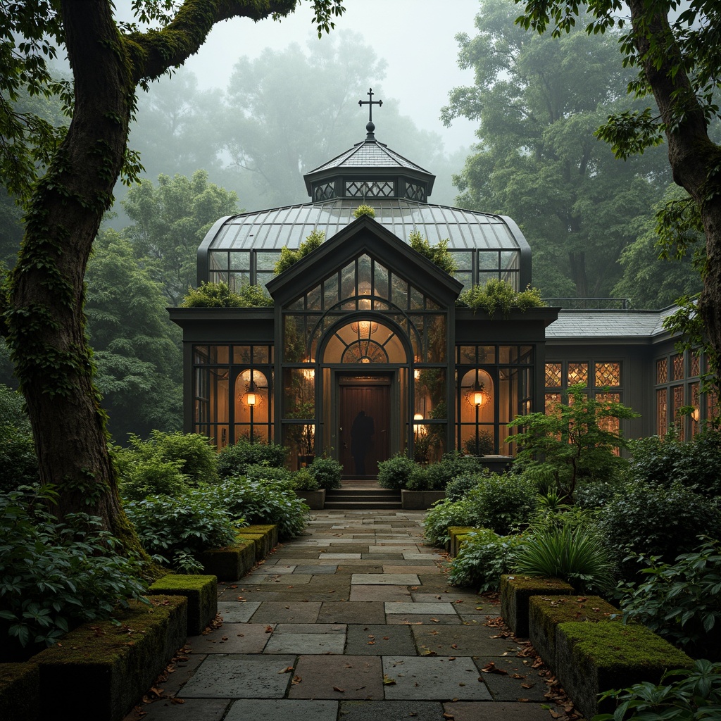 Prompt: Mysterious greenhouse, overgrown vegetation, twisted vines, ornate ironwork, stained glass windows, eerie lanterns, moss-covered stones, ancient trees, foggy atmosphere, soft misty lighting, warm earthy tones, muted olive greens, rich terracotta reds, weathered copper accents, distressed wooden textures, intricate Gothic details, mystical ambiance, 1/2 composition, low-key backlighting, subtle color grading.