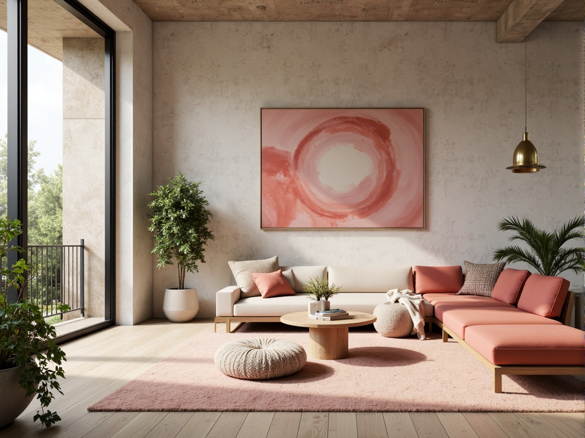 Prompt: Richly textured walls, warm beige tones, creamy whites, deep charcoal grays, pops of bright coral pink, soft peach accents, metallic gold hardware, natural wood flooring, lush greenery, modern minimalist decor, airy open spaces, abundant natural light, softbox lighting, 1/1 composition, realistic textures, ambient occlusion.