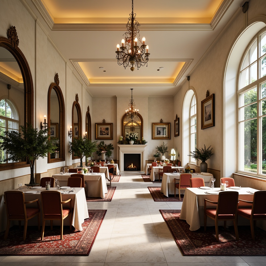 Prompt: Elegant dining hall, refined wooden tables, comfortable upholstered chairs, warm soft lighting, harmonious color palette, neutral tone walls, cream-colored ceilings, luxurious chandeliers, ornate mirrors, lavish flower arrangements, exquisite ceramic vases, natural stone floors, plush area rugs, cozy fireplace nooks, grand windows, serene outdoor views, lush greenery, subtle fragrance, 1/2 composition, shallow depth of field, realistic textures, ambient occlusion.