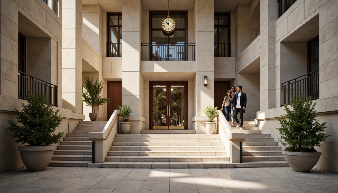 Prompt: Grand courthouse entrance, imposing stone columns, symmetrical facade, ornate metal doors, majestic clock tower, modernist architecture, clean lines, minimal ornamentation, limestone walls, grand staircase, high ceilings, natural light pouring in, airy atrium, sleek metal handrails, polished marble floors, subtle texture variations, warm neutral color palette, dramatic shadows, low-angle photography, 1/1 composition, cinematic lighting.