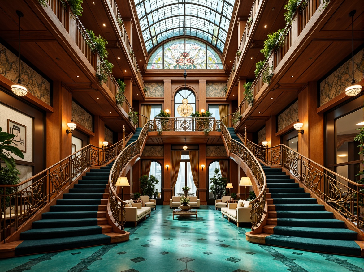 Prompt: Opulent hotel lobby, grand staircase, intricately carved wooden banisters, ornate metalwork, flowing organic patterns, sinuous lines, vibrant turquoise tiles, luxurious velvet furnishings, gilded accents, crystal chandeliers, majestic archways, stately columns, whimsical botanical motifs, stained glass ceilings, warm golden lighting, soft focus blur, 1/2 composition, atmospheric perspective, high-end textures, detailed ornaments.