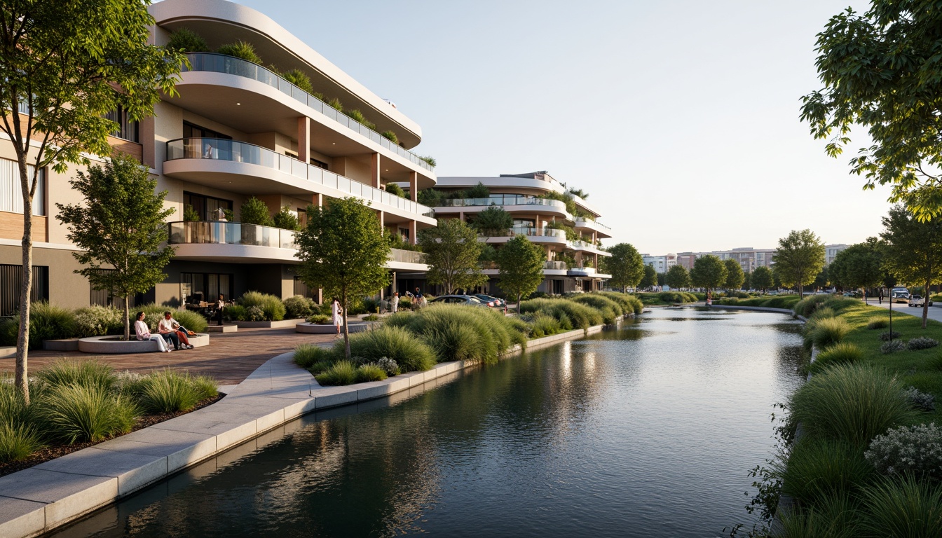 Prompt: Riverbank promenade, lush green vegetation, winding waterways, modern curved architecture, glass balconies, wooden decks, natural stone walls, steel beams, cantilevered roofs, panoramic views, serene atmosphere, soft warm lighting, shallow depth of field, 3/4 composition, realistic textures, ambient occlusion.