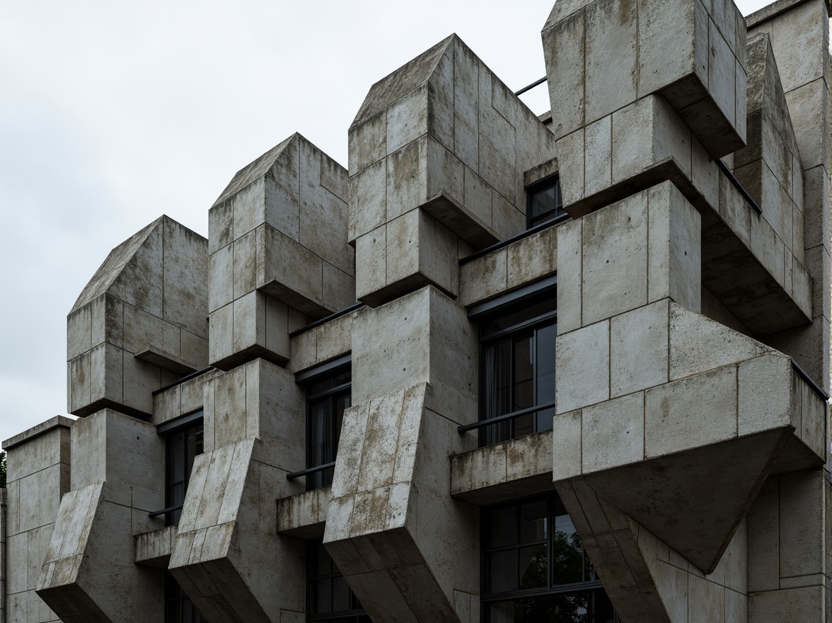 Prompt: Rugged concrete facade, brutalist architecture, fortress-like structure, industrial materials, raw textures, bold geometric shapes, angular lines, monumental scale, urban landscape, overcast sky, dramatic shadows, high-contrast lighting, detailed stonework, rusted metal accents, exposed ductwork, functional minimalism, monochromatic color scheme, abstract patterns, fragmented forms, dynamic composition, cinematic atmosphere.