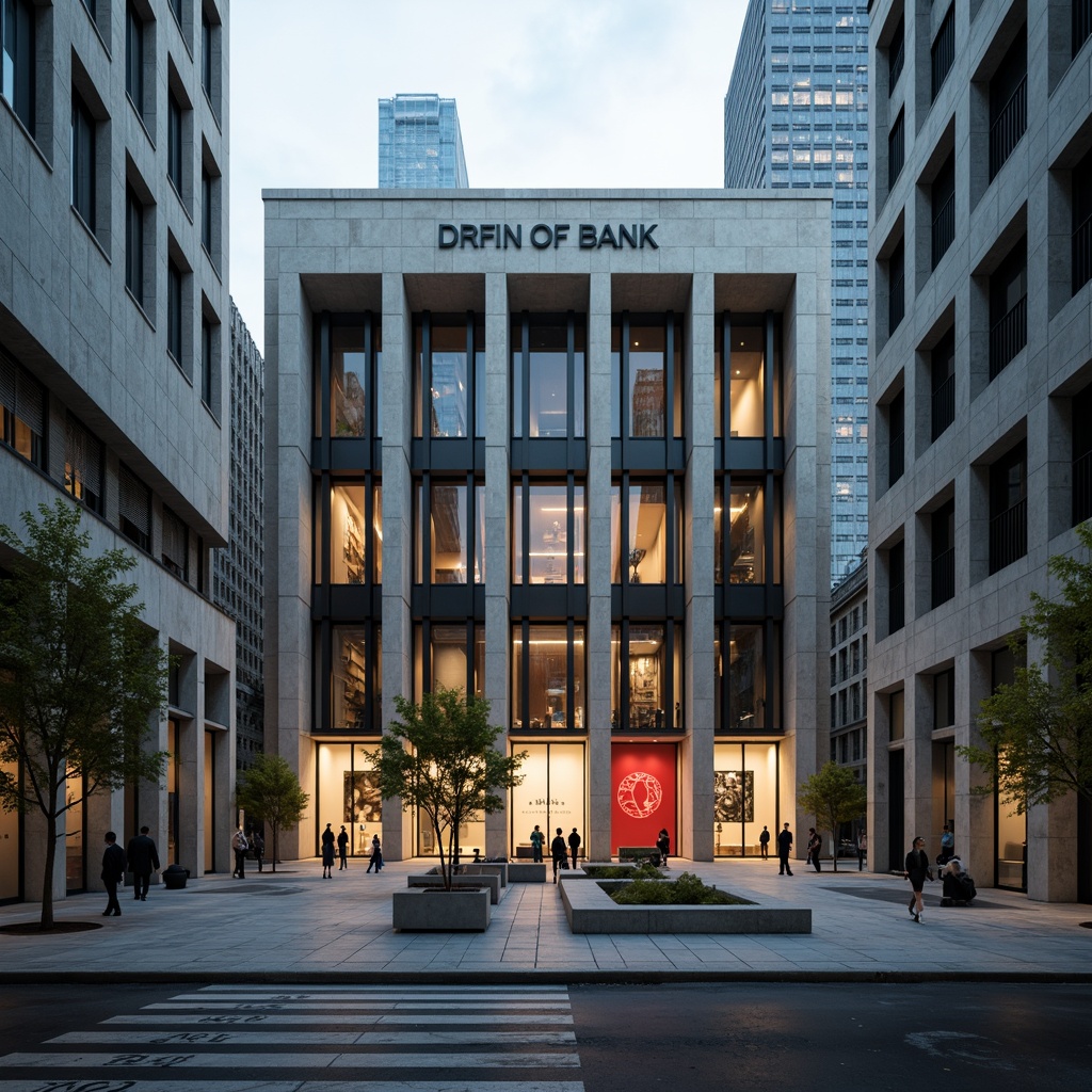 Prompt: Monumental bank building, brutalist architecture, raw concrete textures, industrial metal accents, bold geometric patterns, stark urban landscape, overcast sky, dramatic shadows, high-contrast lighting, muted earth tones, weathered stone fa\u00e7ades, minimalist typography, functional design elements, exposed ductwork, polished marble floors, sleek glass partitions, modernist furniture, abstract art installations, moody atmospheric colors, deep blues, rich greens, neutral beiges, bold red accents, cinematic composition, shallow depth of field, 2/3 aspect ratio.