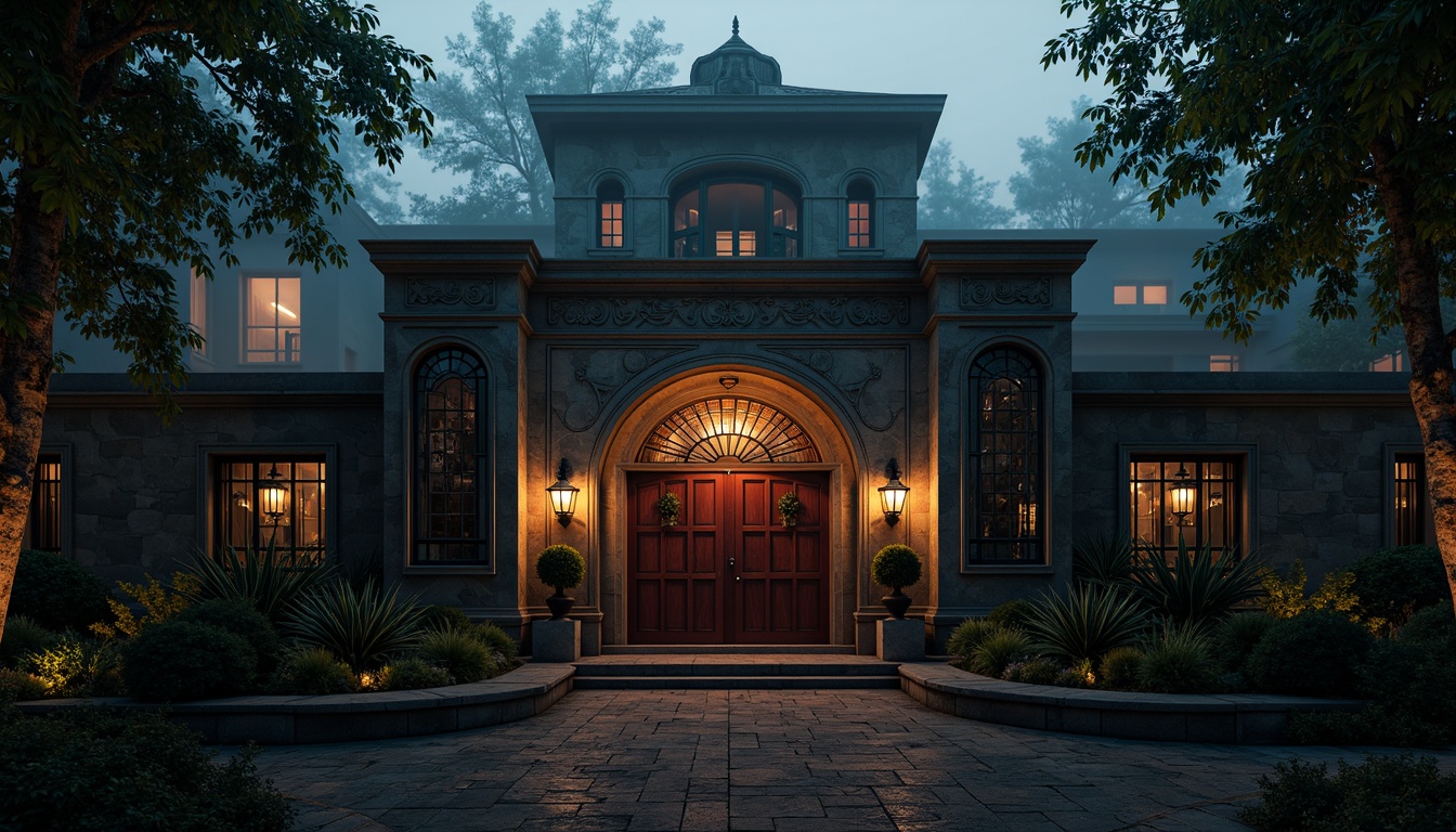 Prompt: Mysterious villa, gothic architecture, ornate stone carvings, grandiose entrance gates, intricate ironwork, mystical ambiance, dim warm lighting, rich wood tones, deep crimson reds, midnight blues, velvety blacks, weathered stone walls, overgrown ivy, eerie mist, dramatic shadows, cinematic composition, low-key illumination, mysterious foggy atmosphere.