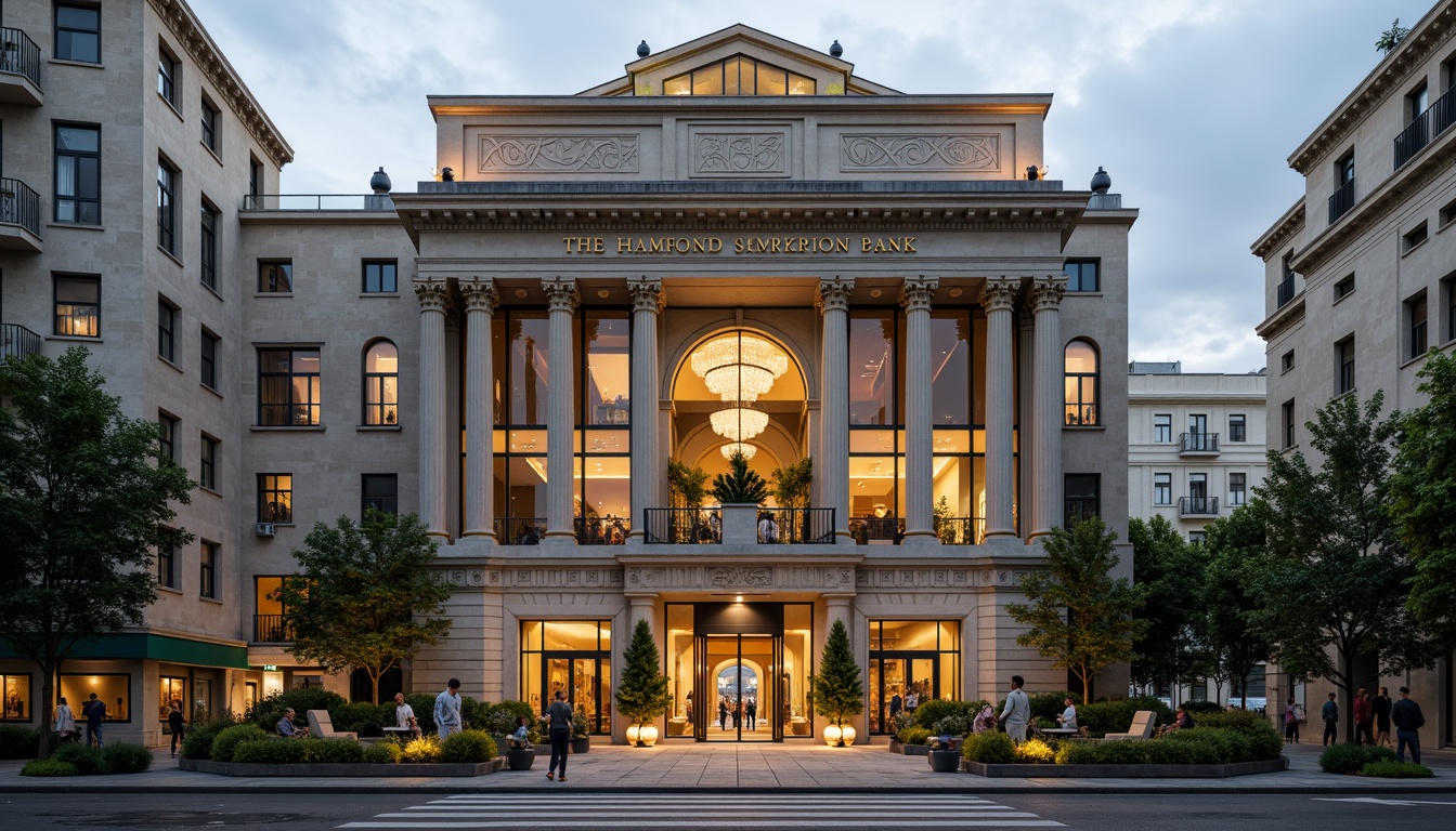 Prompt: Monumental bank building, grandiose fa\u00e7ade, geometric patterns, ornate details, symmetrical composition, neoclassical columns, rusticated stone base, metallic accents, grand entrance, revolving doors, marble floors, high ceilings, chandeliers, formal gardens, urban landscape, cloudy day, dramatic lighting, low-angle shot, 2/3 composition, realistic materials, ambient occlusion.