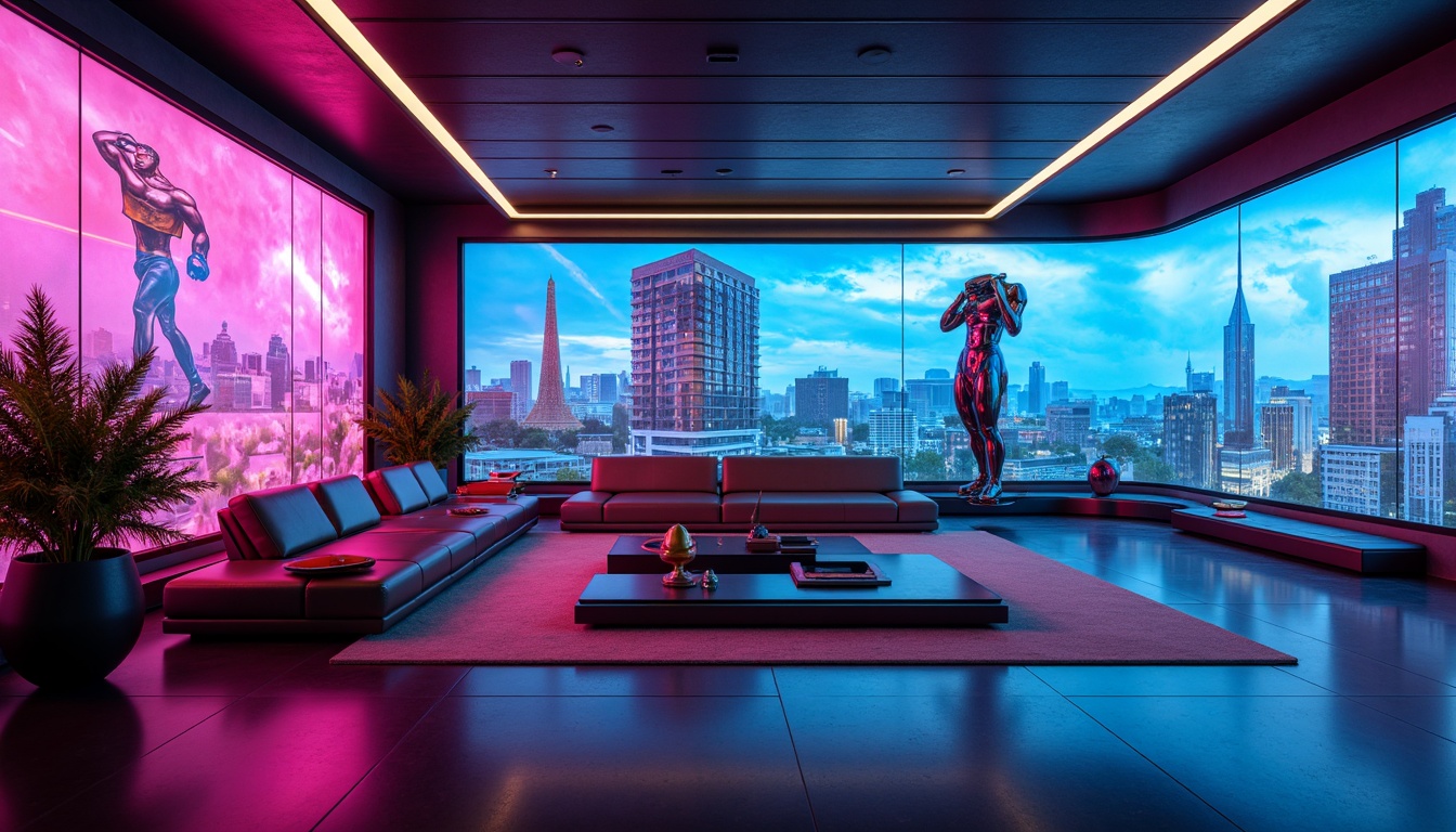 Prompt: Futuristic living room, neon-lit ambiance, holographic projections, sleek metallic walls, glossy floor tiles, minimalist decor, ergonomic furniture, curved lines, avant-garde sculptures, ambient LED lighting, virtual reality zones, futuristic gadgets, retro-futuristic accents, iridescent color schemes, high-tech appliances, interactive smart home systems, immersive audio-visual experiences, panoramic cityscape views, atmospheric misting effects, 1/1 composition, shallow depth of field, realistic reflections.